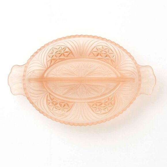 VTG Glass Divided Relish Dish Pink Satin Oval Frosted Starburst Serving Tray - Picture 4 of 13